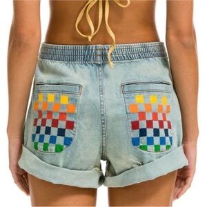 Worn once, EUC Aviator Nation S women’s denim shorts Checkered rainbow